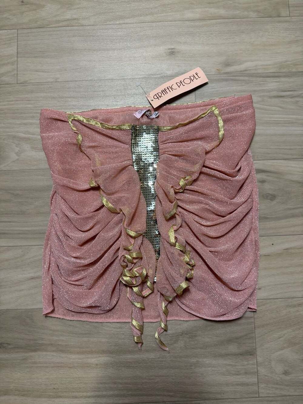 Traffic People Pink Shimmer Butterfly Ruffle Top with Gold Trim and Sequins
